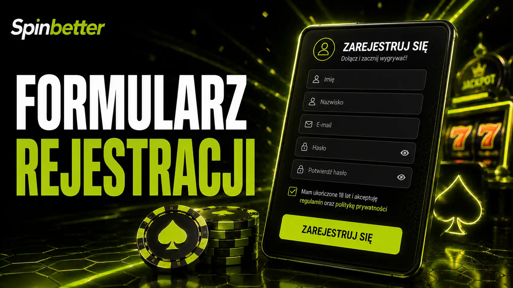 Formularz rejestracji SpinBetter z polami imienia, e-maila i hasła