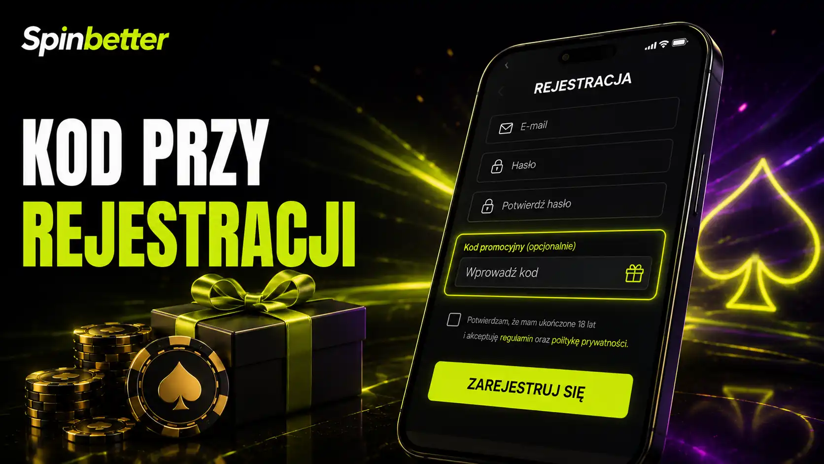 Pole na kod promocyjny w formularzu rejestracji SpinBetter