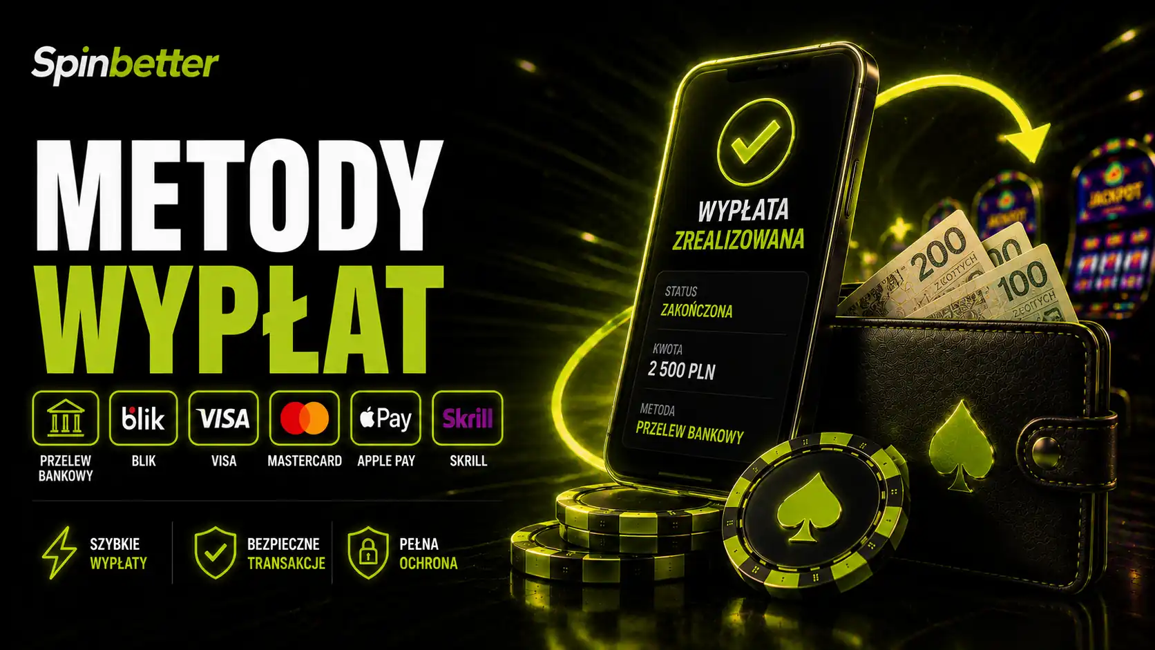 Metody wypłat SpinBetter: przelew, BLIK, Visa, Mastercard i Skrill