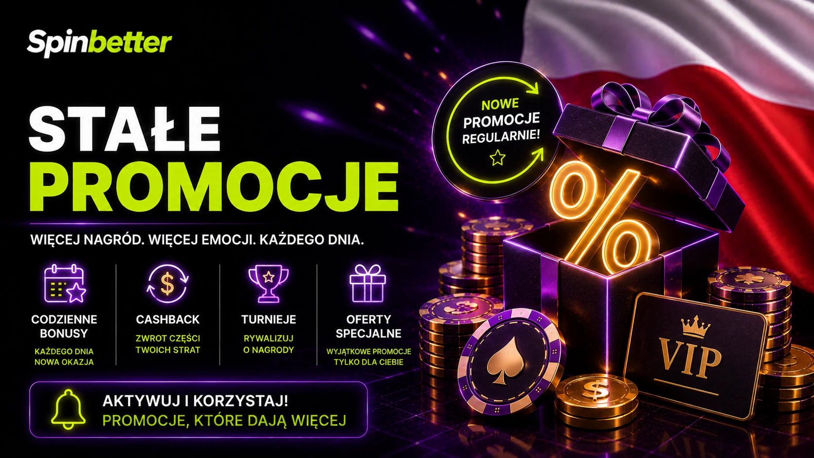 Codzienne bonusy, cashback i turnieje w stałych promocjach SpinBetter